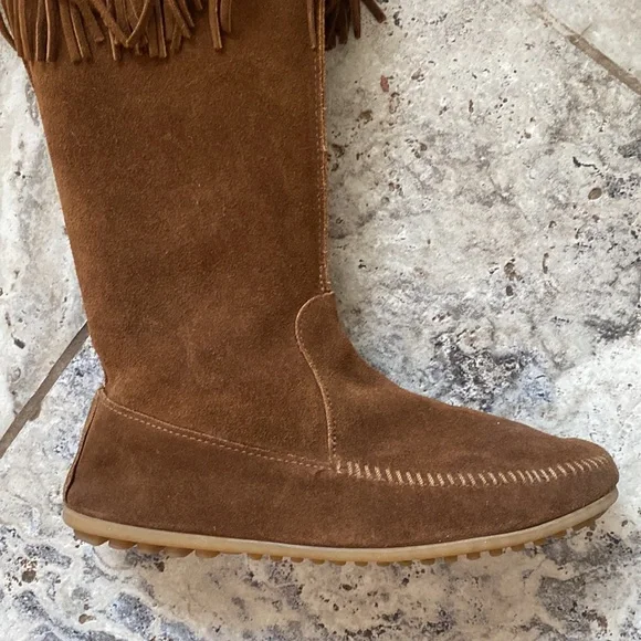Minnetonka Side Zip Ribbon Trim Fringe Boots SZ 9 - Picture 9 of 12